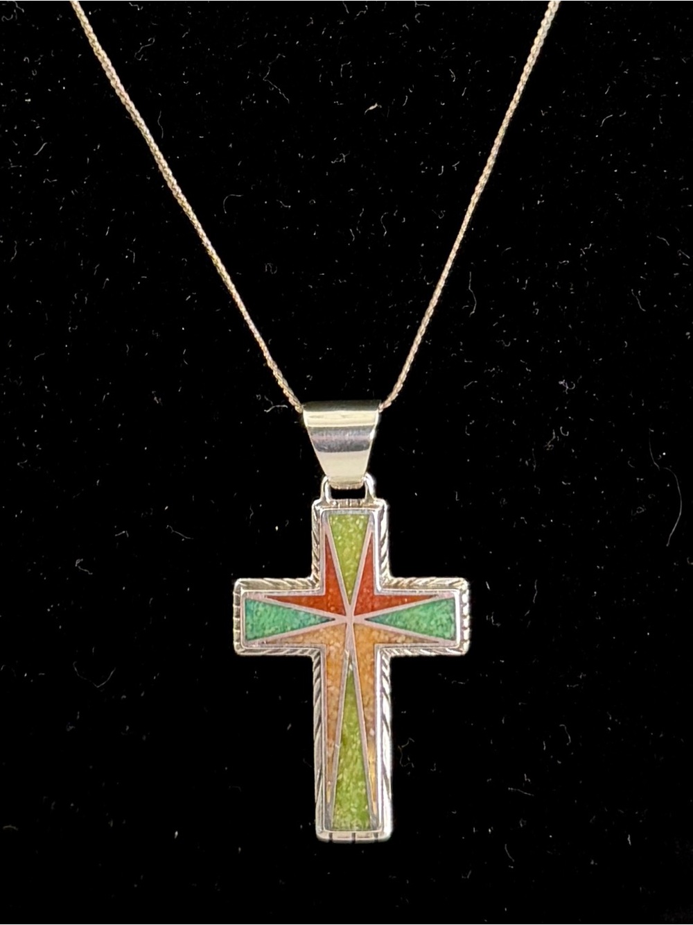 CAROLYN POLLACK Sterling Silver Multi-Color Stone Inlay Cross Pendant Necklace